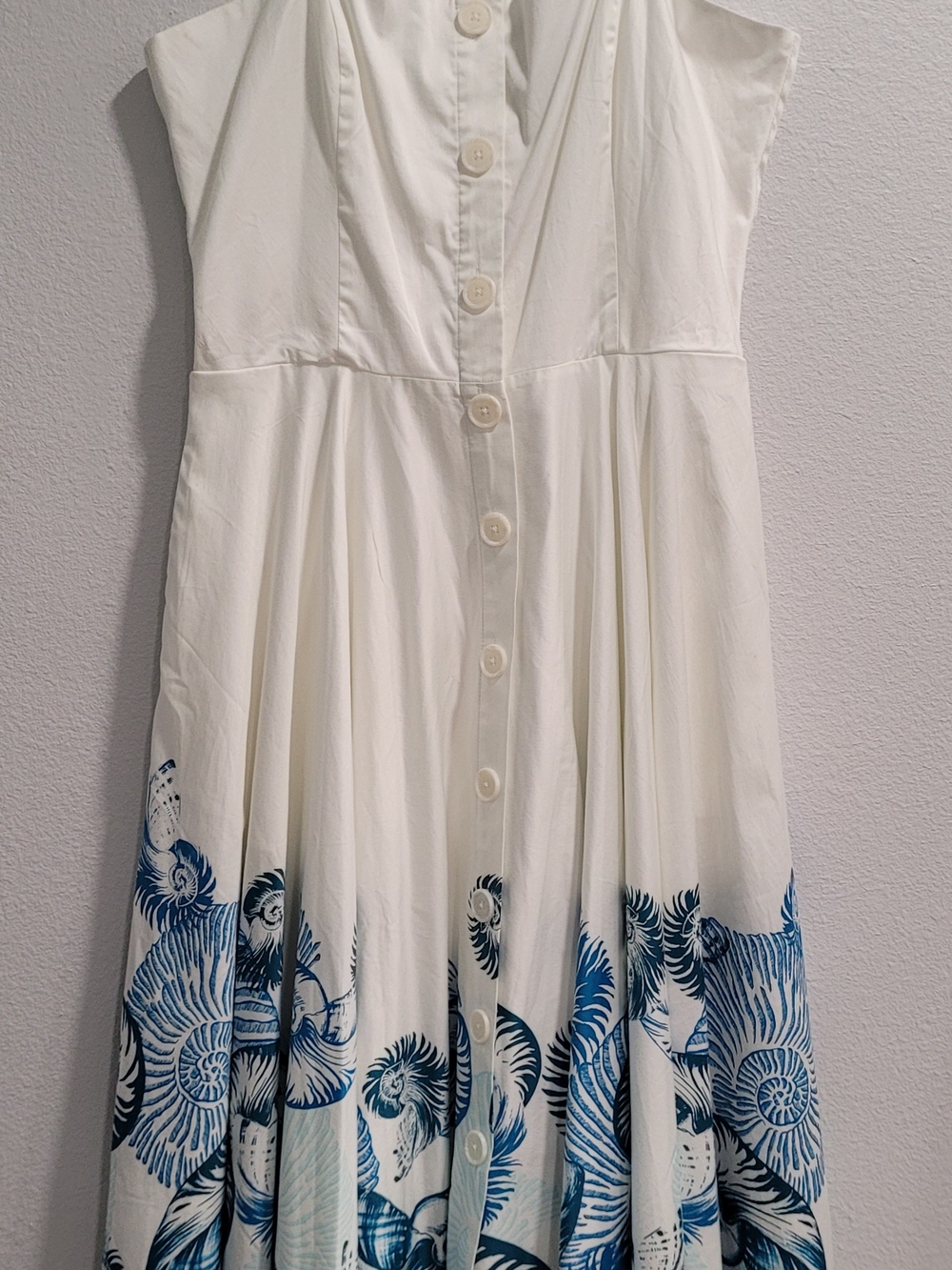 White House Black Market White Dress with Blue Floral Border
